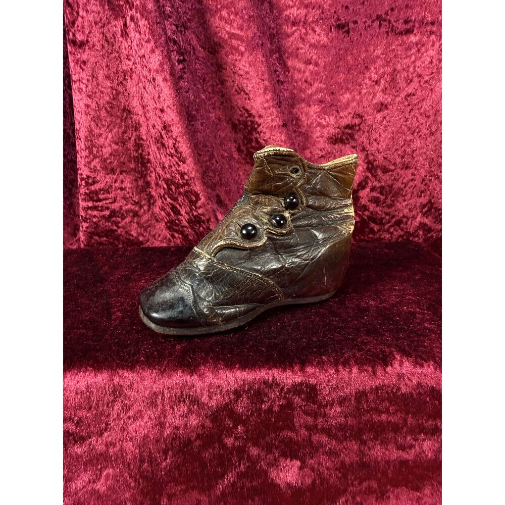 Antique Brown Leather Baby Boot – Victorian Button Up High Top Shoe - Single